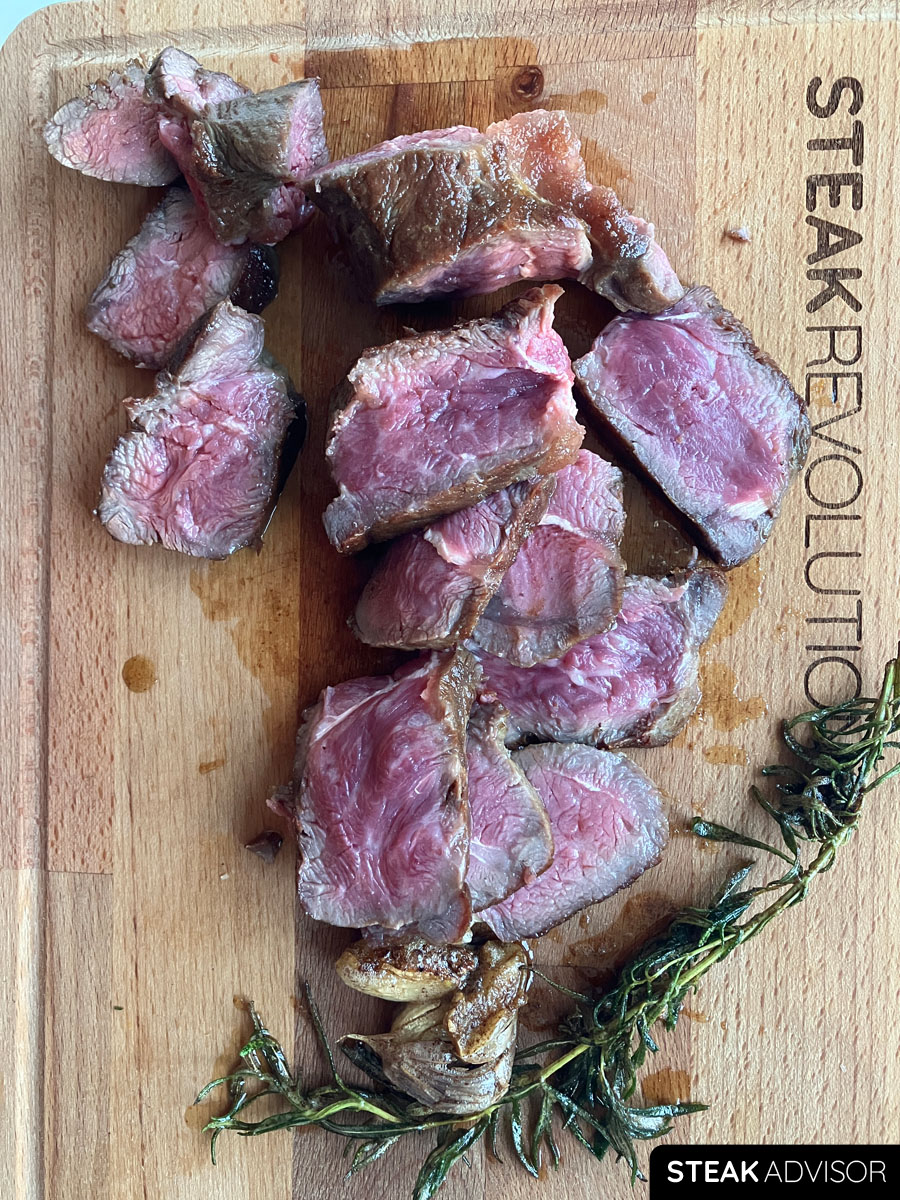 pan-seared top blade steak; medium-rare doneness, vertical view