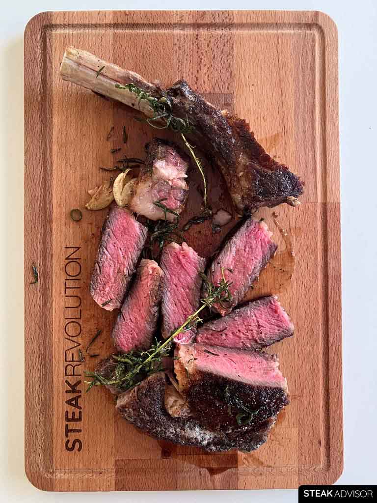 pan seared cowboy steak medium rare